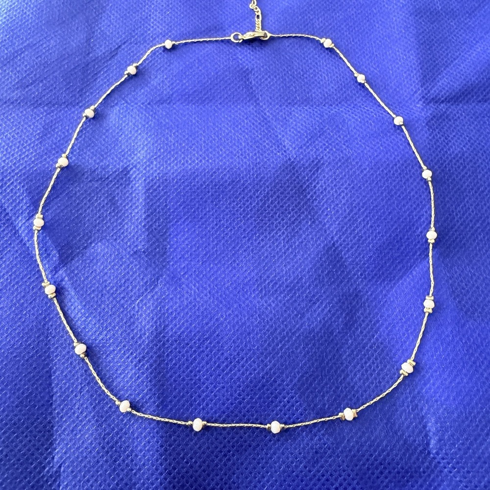 Gold Tone White Bead Station Necklace Dainty Chain Womens Layering Boho Chic